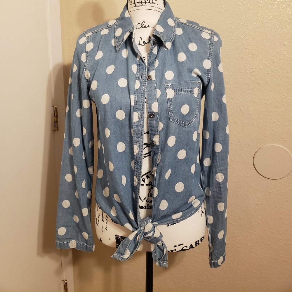 Seven7 Polka Dot Tie Front Blue Chambray Size X Small